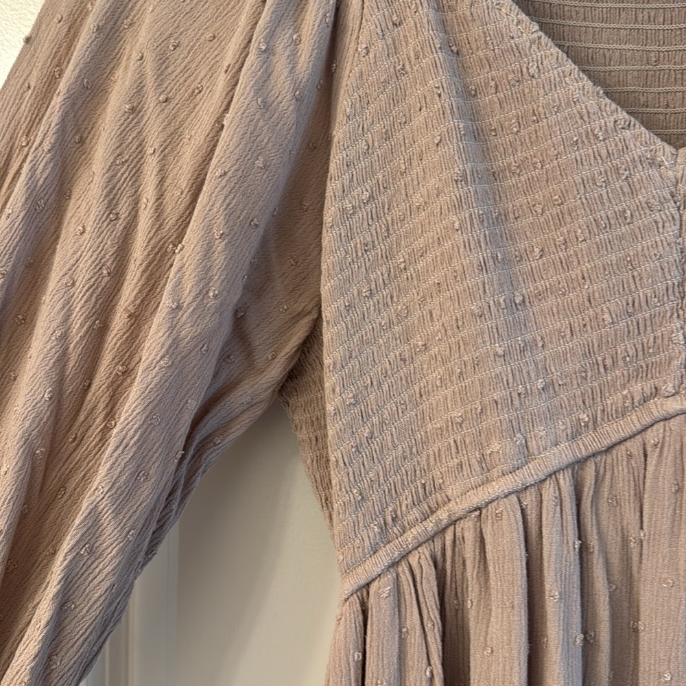 Baltic Born Lainey Smocked Swiss Dot Midi Dress Taupe Boho Long Sleeve Large - Picture 13 of 14